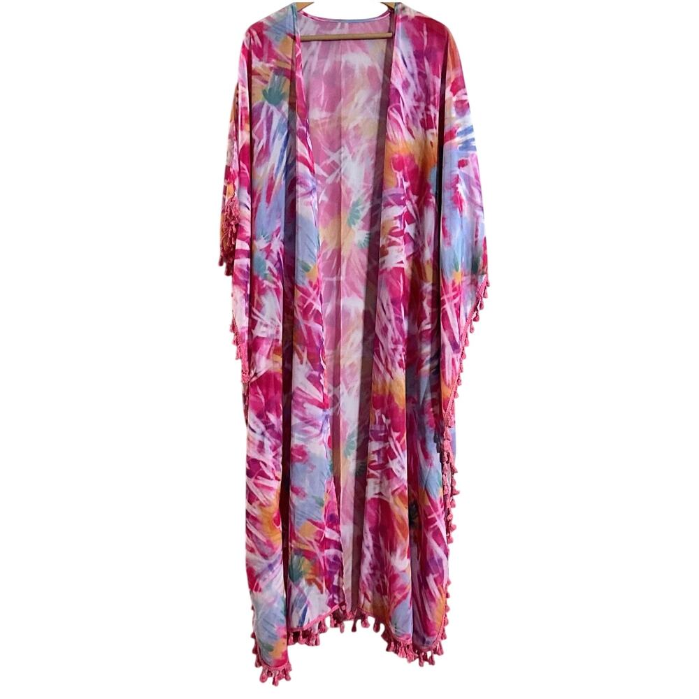 Boutique Tie Dye Kimono Cover Up Overlay Womens One Size Tassel Trim Breezy